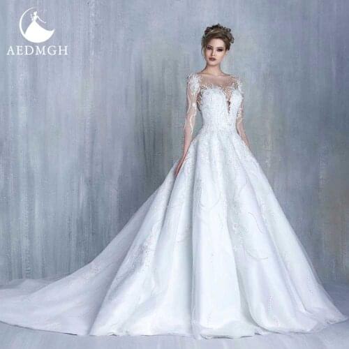 Aedmgh Ball Gown Shiny Wedding Dresses 2021 Sweetheart Long Sleeve Pearls Bride Dress Lace Appliques Glamorous Vestido De Novia