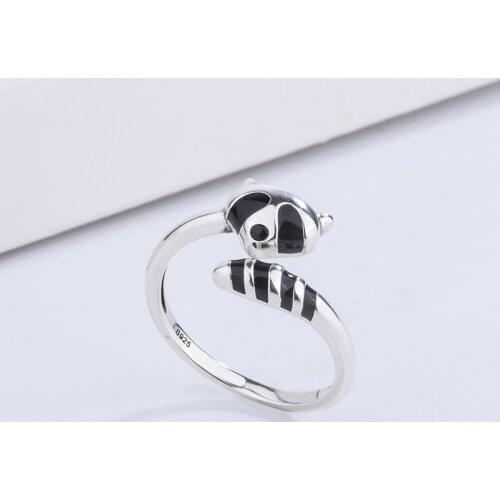 925 Sterling Silver Black Enamel Raccoon Adjustable Size Finger Rings For Women DIY Jewelry Fit Original Pandora