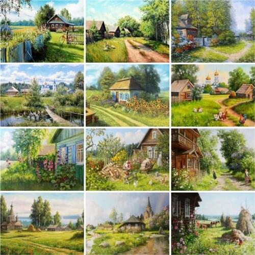 Huacan Diy Diamond Painting Village Scenery Mosaic Street Tree Home Decor Embroidery House Landscape Wall Stickers