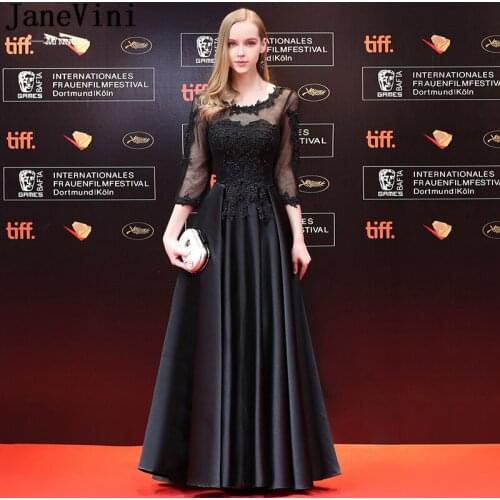JaneVini 2018 Satin Black Long Bridesmaid Dresses with Sleeve A Line Scoop Neck Lace Appliques Beaded Backless Formal Prom Gowns