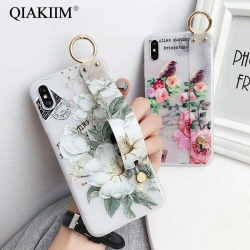 Flower Wristband Case For iPhone 11 Pro Max XS X XR 12 Mini 8 7 6 6S Plus SE 3D Relief Floral Soft TPU Phone Stand Holder Cover