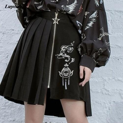 Black Gothic Cool Zipper Pleated Mini Skirt 2021 Dark Goth Metal Pendant Irregular Embroidery Plus Size Chinese Style Skirts 5XL