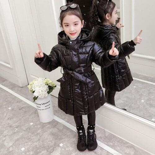 Children 's Clothing Girls Cotton-padded Winter Coat Solid Color Waistline Belt Jacket Princess Girls Classical Snowsuits Parka