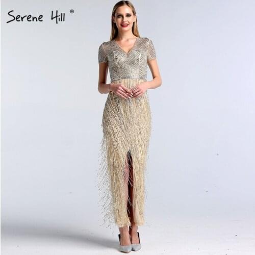 Dubai Gold Short Sleeveless V-Neck Evening Dresses Luxury Tassel Beading Mermaid Formal Gowns Serene Hill LA60747