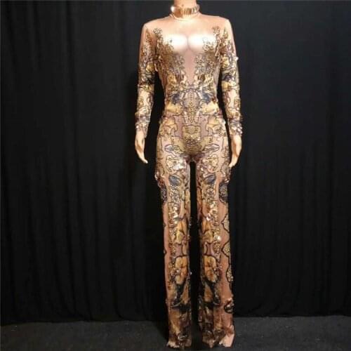 E98 Gold Elastic wide leg trousers dance costumes stage performance singer jumpsuit party show wears outfits pringted clothe bar