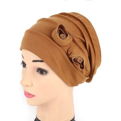 Fashion Turbans for Women New Cotton Folded Monochrome Indian Hat Double Flower Middle East Muslim Month Headscarf Hat Wholesale