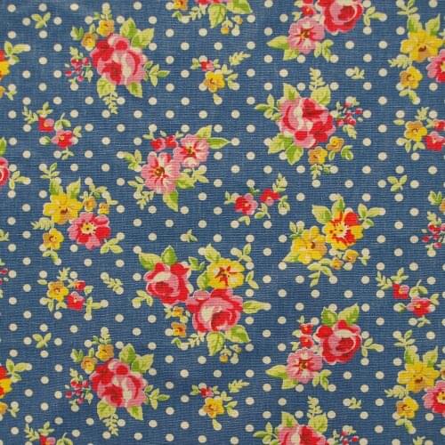 Cotton Linen Fabric for sewing pathwork, bedding - Rose and dot on Deep Blue background (width=140cm)