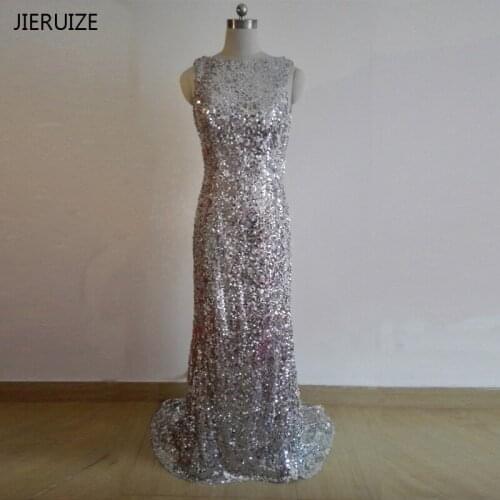 JIERUIZE Silver Sequin Mermaid Long Evening Dresses Elegant Backless Prom Dresses Evening Gowns vestido de festa
