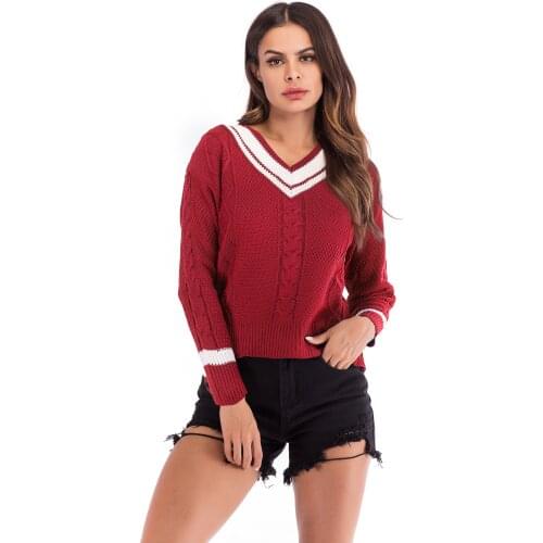 Contrast striped v-neck twist knitted women sweaters sueter mujer invierno 2019 autumn winter pullover pull femme