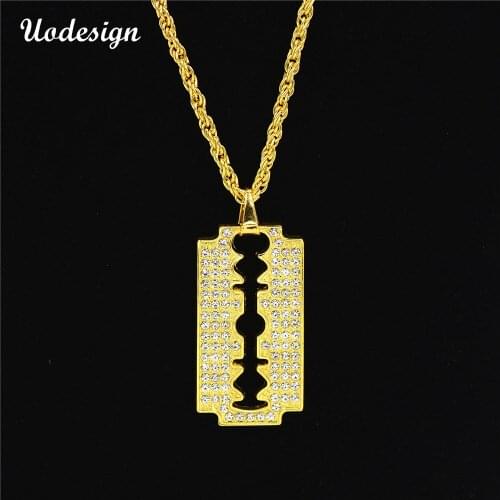 Uodesign Hip hop Style Razor Blade Pendant Alloy Gold Color Iced Out Rhinestones With 70cm Chain Necklace For Men
