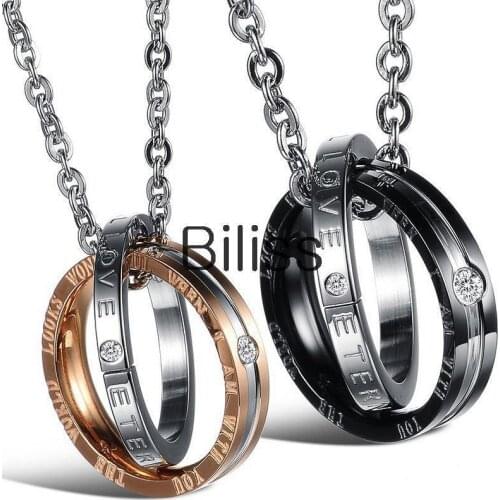 Fashion 316L Stainless Steel " Eternal Love " Couples CZ circle Interlocking Pendants Necklaces lovers Promise Necklace Gifts