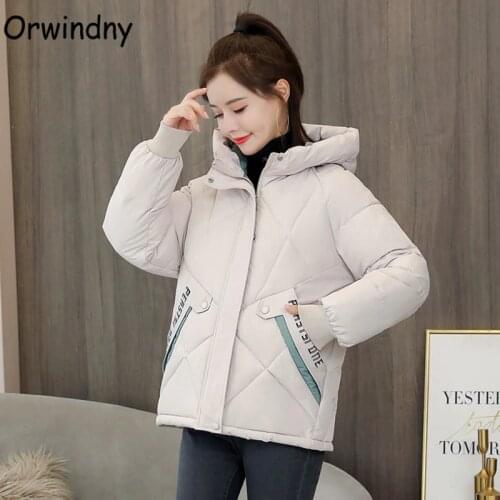 Orwindny Short Winter Jacket Women Thick Warm Padded Clothing Hooded Letter Parkas Woman Winter Coat Loose Plus Size 3XL Casaco