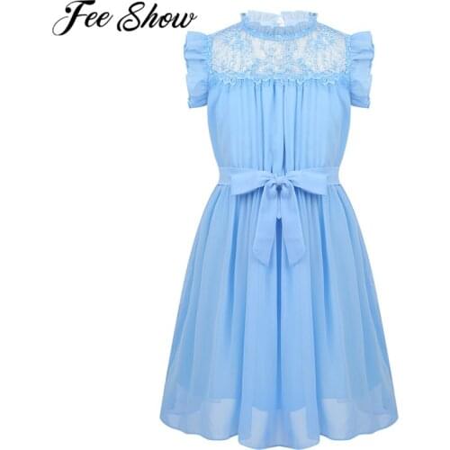 Summer Kids Girls Dress Sleeveless Ruffle Flounce Neckline Lace Front Yoke Chiffon Blouson Dress For Birthday Holiday Daily Wear