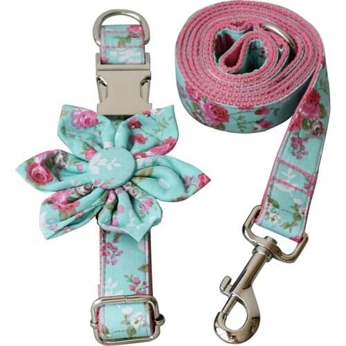 Flowers 09 Pink Bottom Green Rose Flowers Walking Training Dog Leash For Small Medium Large Dogs Handmade Flexible Pet Collar