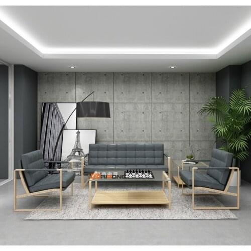 Simple Modern Reception Office Leisure Furniture grey Leather office sofa tempered coffee table set wood single sofa couch chair