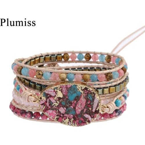 Pink Imperial Jaspers Leather Wrap Bracelet with Gold Natural Stone Crystal Beaded Bracelets for Women Handmade Fashion Jewelry