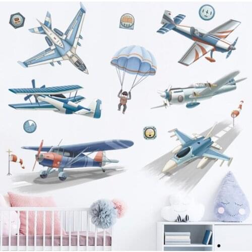 Kids Room Decor Wall Stickers Cartoon Airplane Parachute Astronaut Self-adhesive Wallpaper Machinery Lovers DIY Posters