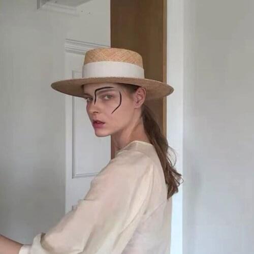 Fashion Flat Top Straw Hat For Women Summer Fedora Hat Beach Sun Hat Chapeau Philippine High-quality Grass Casquette Femme Ete
