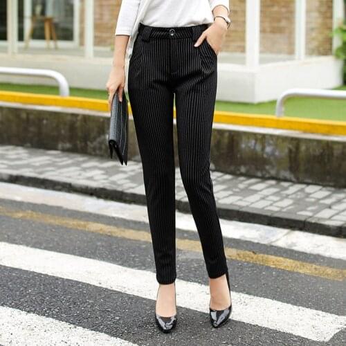 Spring new fashion high waist stripes pencil pants for women office OL style work wear skinny pants female vintage trousers