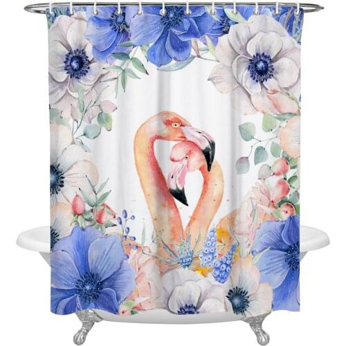 Flamingo Purple Flowers Leaves Shower Curtain Home Bath Decorative Waterproof Polyester Fabric Bathroom Curtain