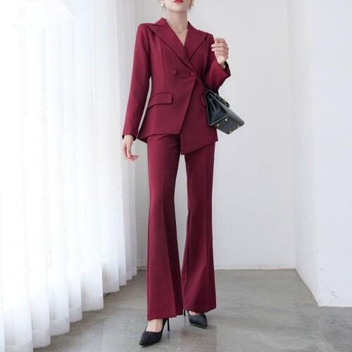 High Quality Womens Suits Burgundy Pants Suit Slim Fit Double-breasted Irregular Blazer Flares Pants Female Office Wear