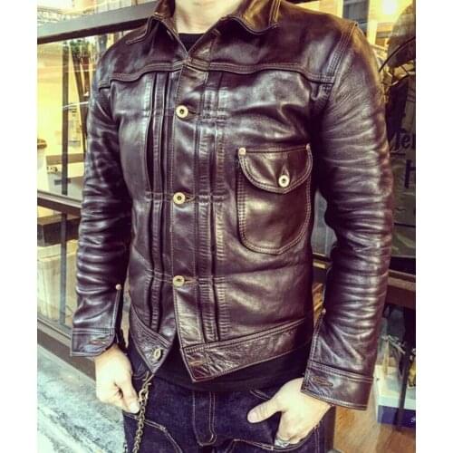 YR!Free shipping.Luxury Vegetable tanned batik horsehide jacket,classic casual 506 style,Slim vintage genuine leather coat