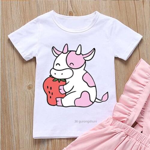 Strawberry Cow Cartoon Print Funny Kids Clothes T-shirt for Girls/boys Harajuku T Shirt Camisetas T Shirt Tops Arrival 2021
