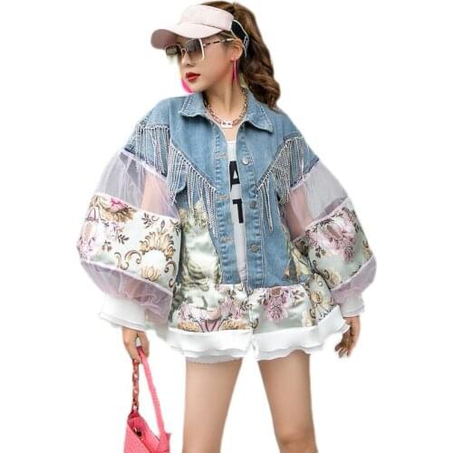 2021 New Arrivel Women Denim Coats Designer Vintage Jacquard Mesh Patchwork Lantern Sleeve Diamond Tassels Jackets Outwear