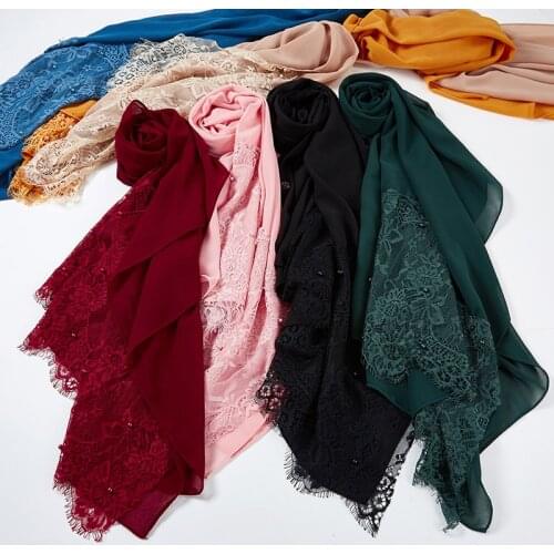 Fashion Malaysia Scarf Hijabs Head Wrap For Women Chiffon Lace Beading Pearl Muslim Headwrap Islamic Modesty Long Shawl Turkish