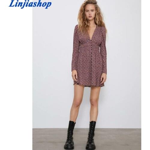 Za Shoulder Pad Floral Print Mini Dress Women Long Sleeve Elastic Waist Elegant Dresses Woman Fashion Button Lining Vestido