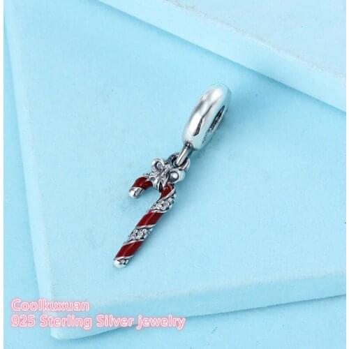 Winter 925 Sterling Silver Sparkling Candy Cane Dangle Charm, Berry Red Enamel & Clear CZ Beads Fit Pandora Charms Bracelet