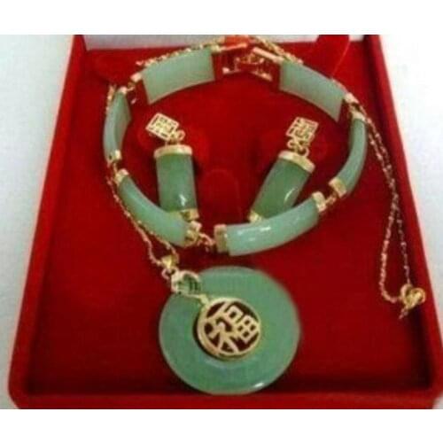14K Green jade bracelet lucky earrings Pendant necklace jewelry Set AAA