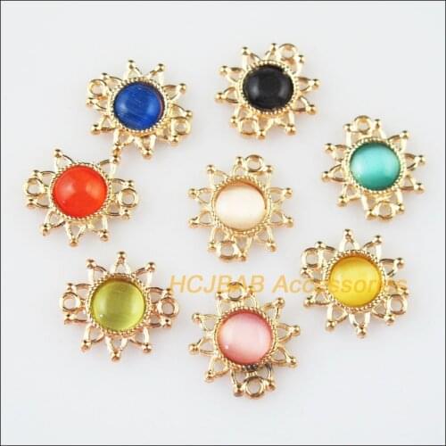 24 New Sun Flower Mixed Charms Cat Eye Stone Pendants Gold Color Connectors 14x15mm