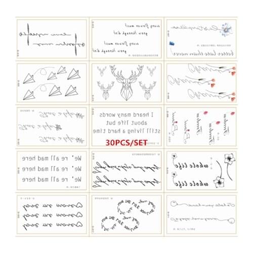 30Sheets/set Classic Black Tatoo Sticker English Words Sentences Fake Tattoo for Women Hand Body Waterproof Tatuajes Temporales