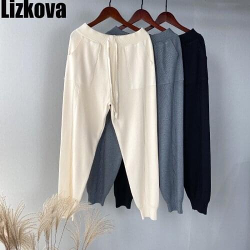 Lizkova Winter Knitted Sweatpants Women Plus Size Elastic Waist Harem Pants Pockets Casual Sport Trousers 339