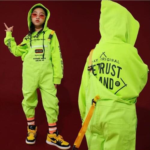 Kids Hip Hop Clothing Green Casual Hoodie Tops Loose Bib Pants for Girls Boys Jazz Dance Costumes Ballroom Dancing Clothes Wear