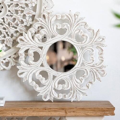 Classical Embossed Palace White Carved Bedroom Dressing Makeup Mirror Bathroom Home Hanging Wall Mirror Decoration Accessories