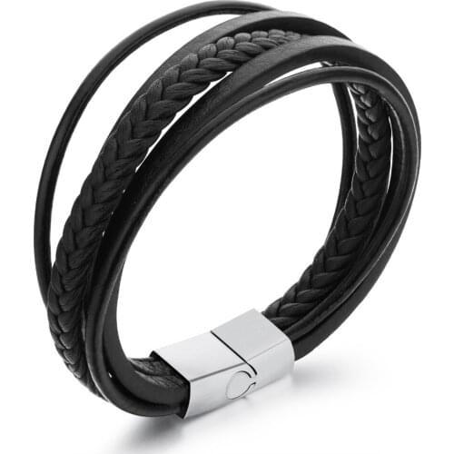 Multilayer Genuine Leather Jewelry With Stainless Steel Bracelet Fashion design 10mm 8.26