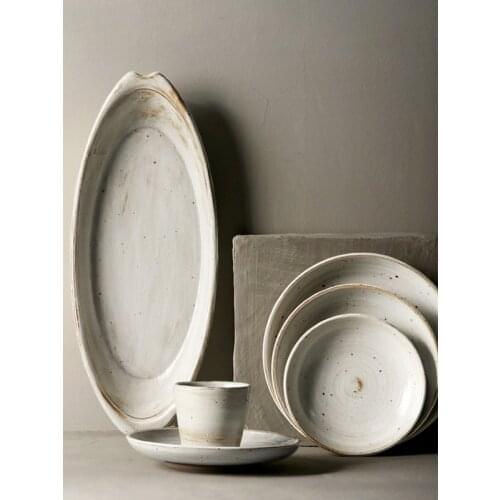 Handmade Coarse Pottery Tableware Set Retro Ceramic Rice Bowl Noodles Plate Dish Dishes Fish Dish Household Tableware