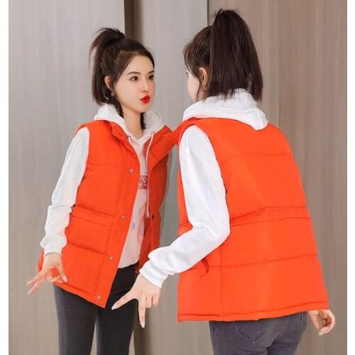 2021 Autumn Winter Women Solid Loose Vest Stand Collar Long Vest Jacket Cotton Padded Women Windproof Warm Waistcoat Orange