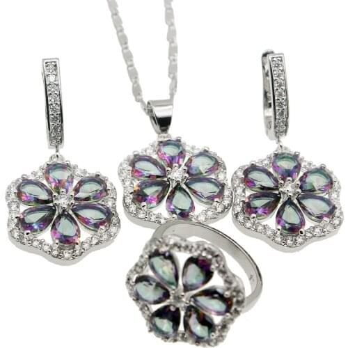 Hermosa Jewelry Silver Color Necklace Earrings Ring Size 7 Rainbow Fire Flower Stylish SETS Pretty Womens GIFT