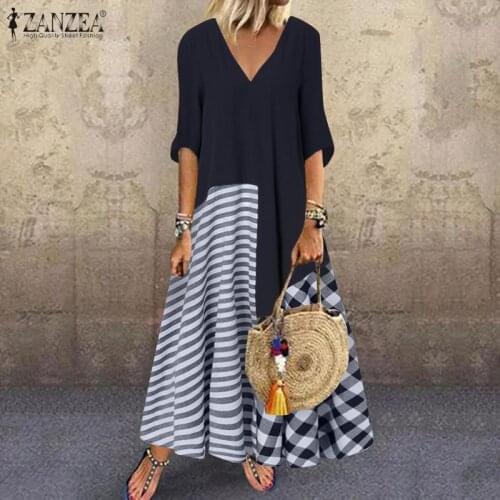 ZANZEA Stylish Striped Dress Womens Patchwork Sundress Summer Half Sleeve Vestidos Female V Neck Printed Casual Robe Plus Size