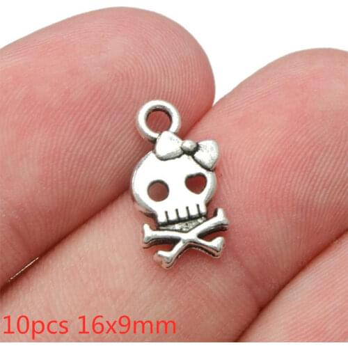 10pcs 16x9mm Halloween Skull Charms Antique Silver Color Metal Alloy Pendant Accessories DIY Bracelet Handmade Jewelry Making