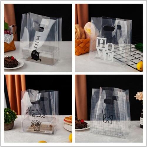 50pcs transparent thickened food grade plastic bag bread cake dessert Candy packaging bag with Handle Party Wedding supplies