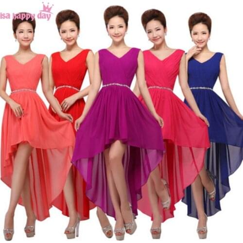 Princess ivory v neck elegant chiffon bridesmaids high low bridesmaid dress gown short front long back dresses for teens B3753
