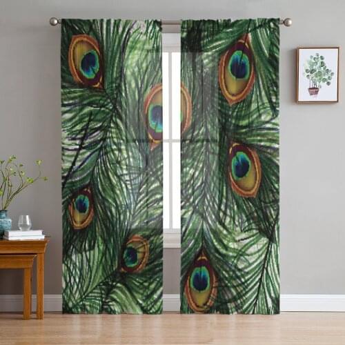 Feather Peacock Green Tulle Curtains For Living Room Bedroom Voile Curtain Home Decoration Sheer Balcony Door Curtain