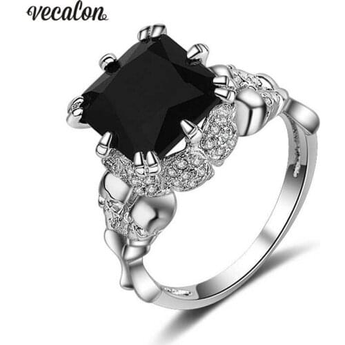 Vecalon Antique Women Skull ring Black AAAAA Zircon cz Wedding Band Rings for Women White Gold Filled Punk Finger ring
