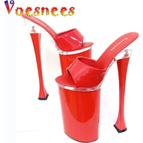 Voesnees Slippers Women Large Size Female Patent Leather Super High Heels 26cm 2021 New Platform Thin Heel Slides Womens Shoes