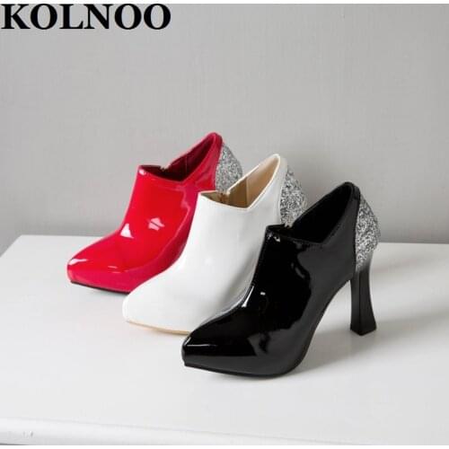 KOLNOO Handmade Womens Thick Heeled Pumps Patent Leather Glitter Wedding Party Prom Side-Zipper Fashion Court Shoes For Evening