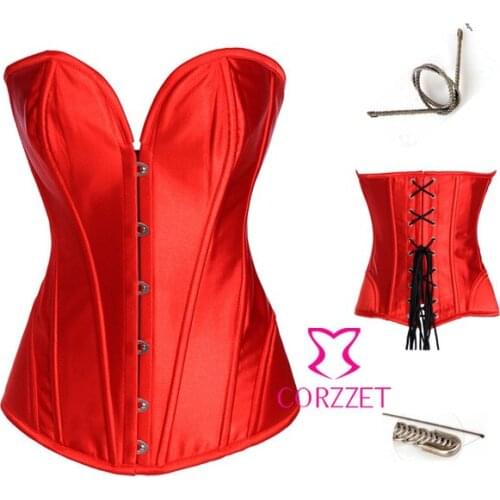 CheapFemale Body Shaping Push Up Satin Overbust Red Corset Women Sexy Metal Hook Steel Boned Corsets And Bustier TopS M L XL XXL